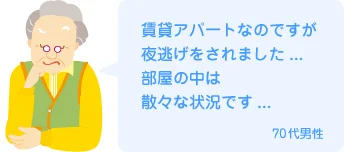 賃貸アパートなのですが夜逃げをされました...部屋の中は散々な状況です..70代男性